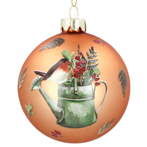 Robin on watering can copper glass ball