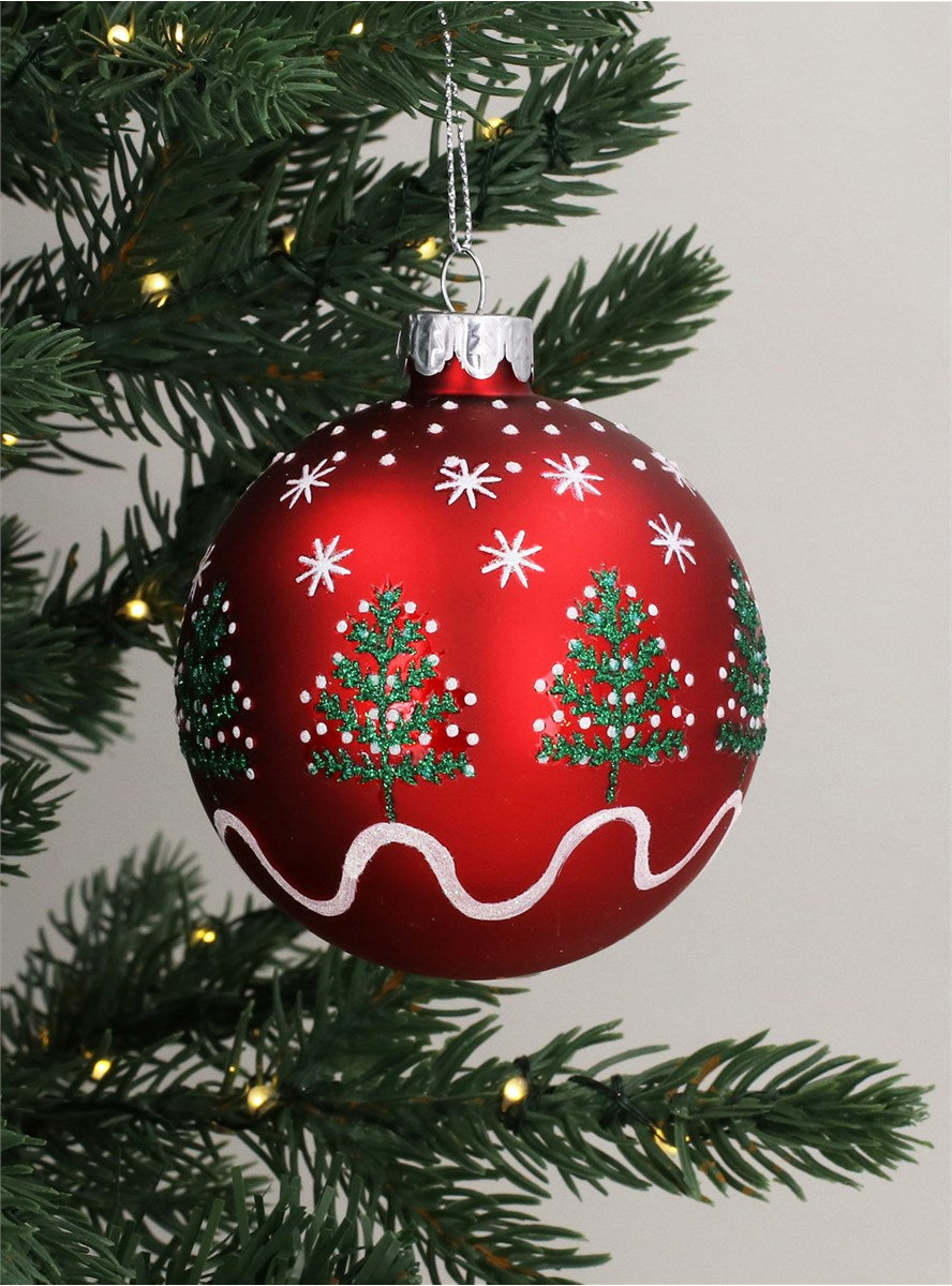 Bauble | Matt Red Glass Ball With Christmas Trees & Stars