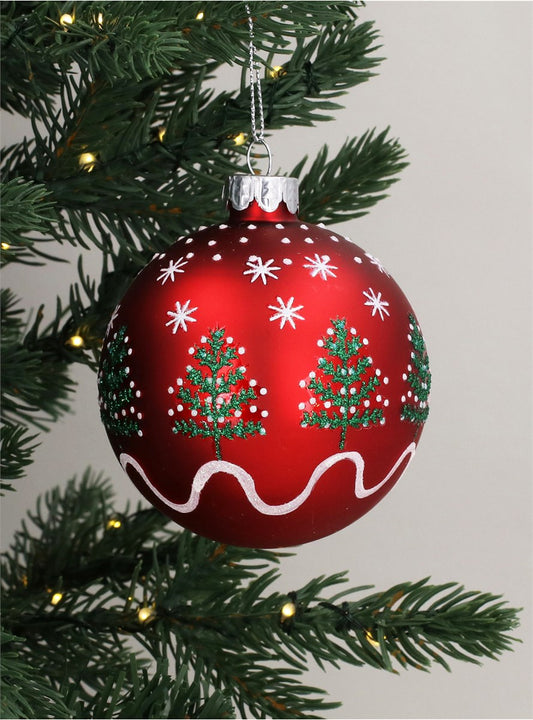 Bauble | Matt Red Glass Ball With Christmas Trees & Stars