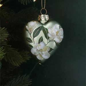 Glass Decoration | Matt Pale Green Magnolia Heart | 7cm