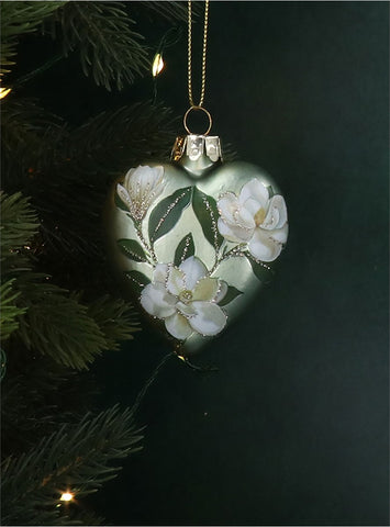 Glass Decoration | Matt Pale Green Magnolia Heart | 7cm