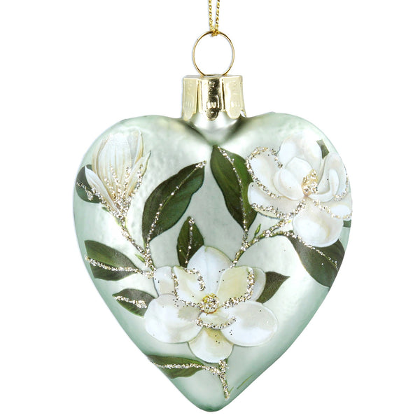 Glass Decoration | Matt Pale Green Magnolia Heart | 7cm