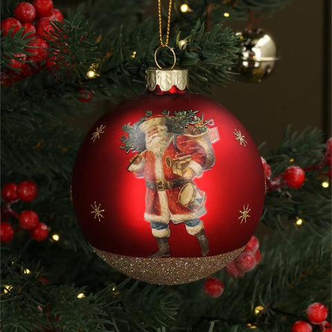 Matt Red & Gold Sparkling Santa Glass Bauble