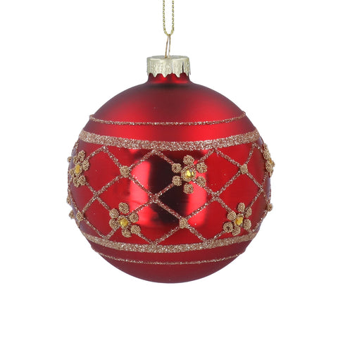 Matt Shiny Red Glass Ball W Jewel Flower