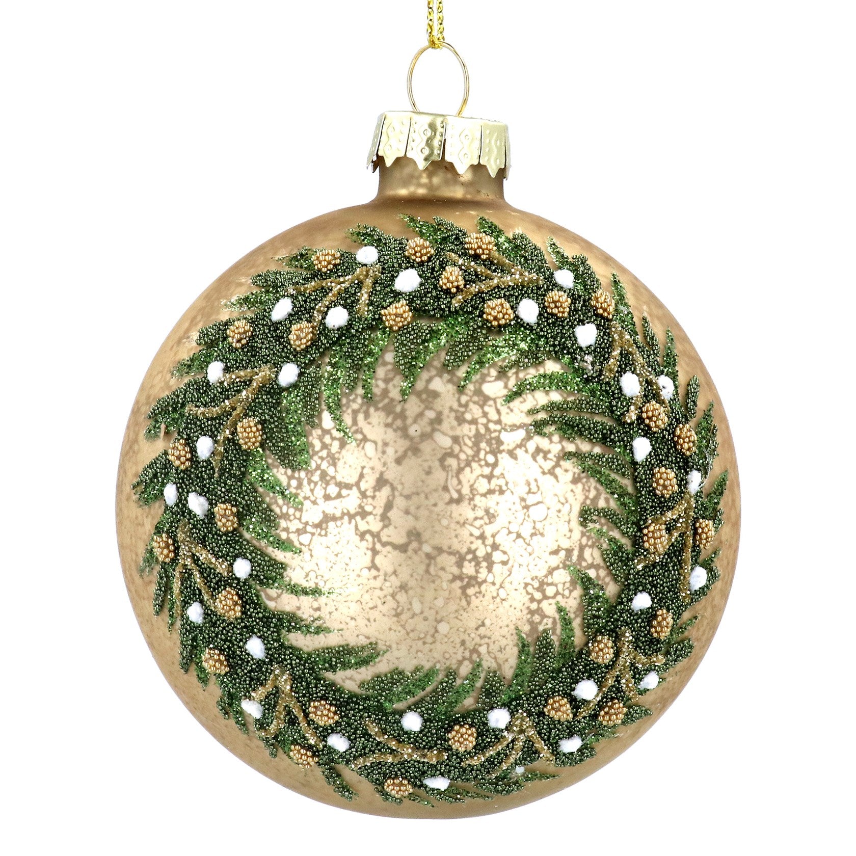 Antique Gold Glass Ball W Green Beaded W