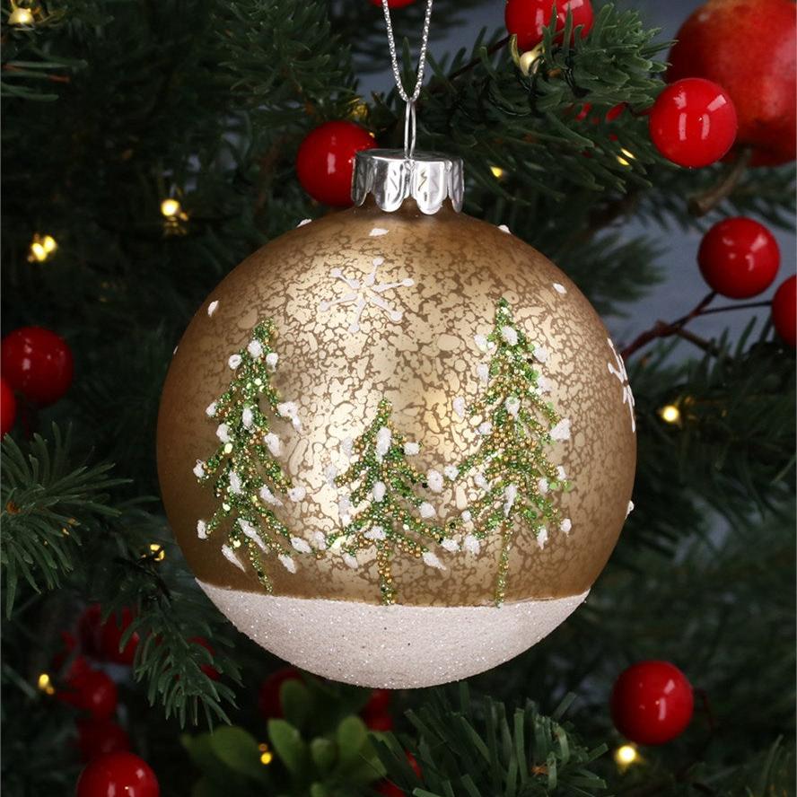 Glass Bauble | Mottled Gold & White Sparkling with Trees