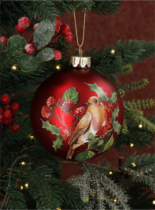 Antique Red Glass Ball W Robin/Fruit