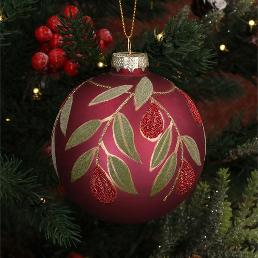 Glass Bauble | Matt Cerise with Beaded Fruit & Leaves