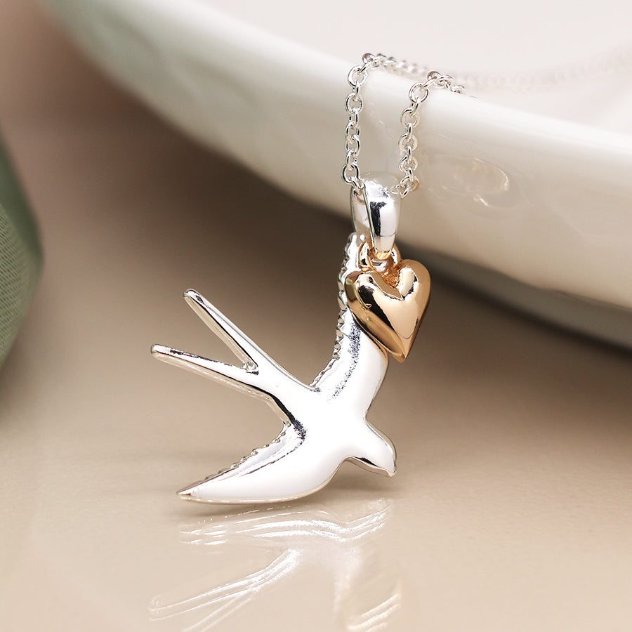 Silver Plated Swallow Necklace With Heart Charm