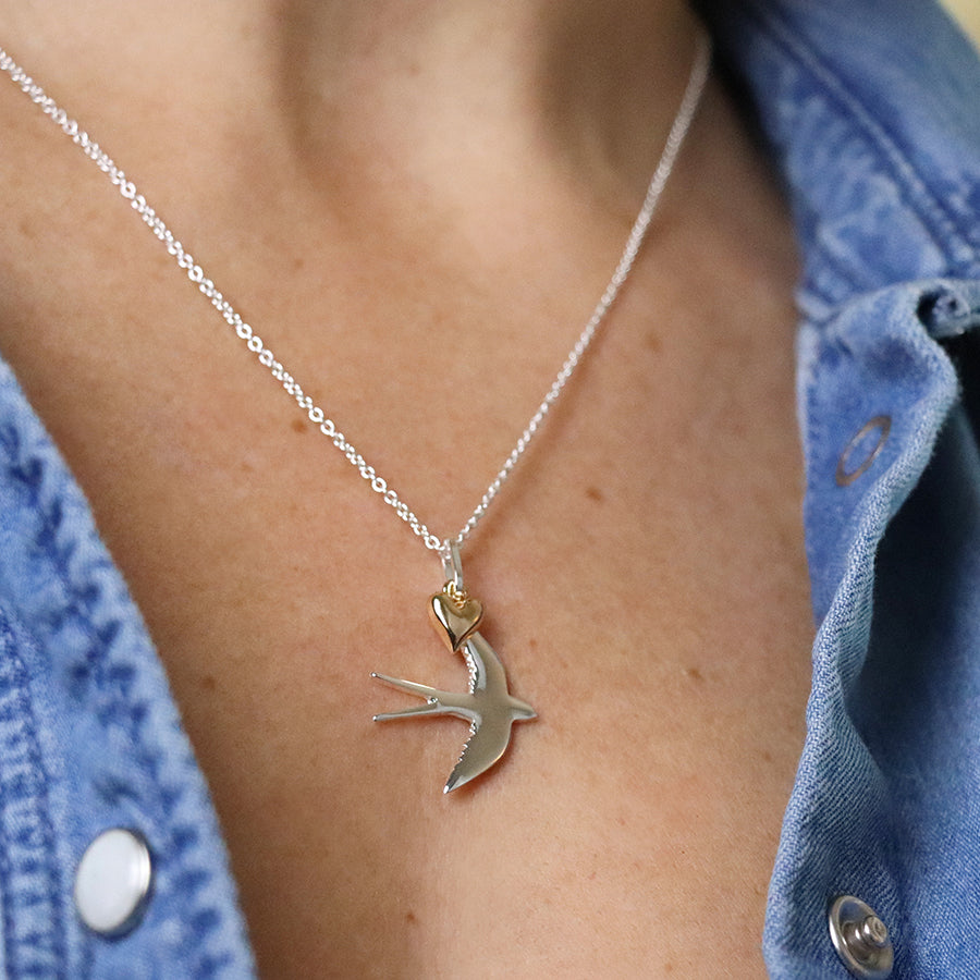 Silver Plated Swallow Necklace With Heart Charm