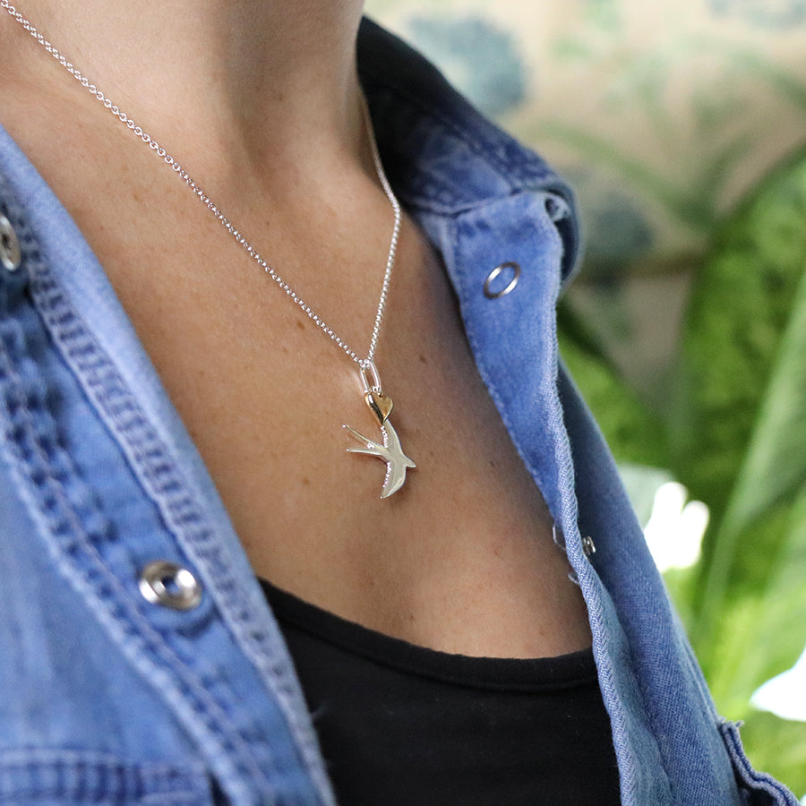 Silver Plated Swallow Necklace With Heart Charm