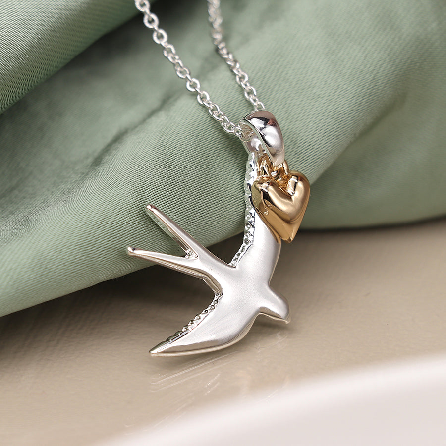 Silver Plated Swallow Necklace With Heart Charm