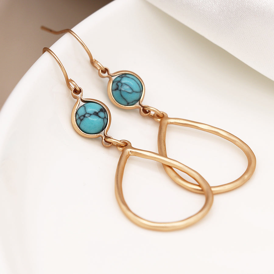 Golden teardrop and turquoise earrings