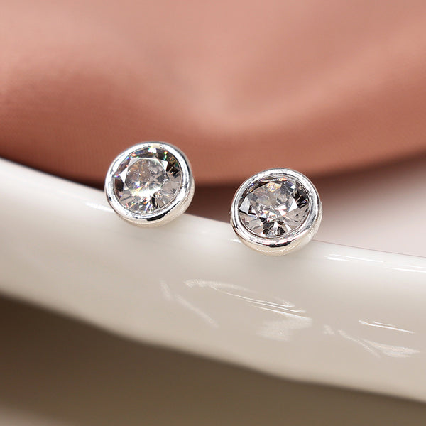 Silver plated simple round cz crystal earrings