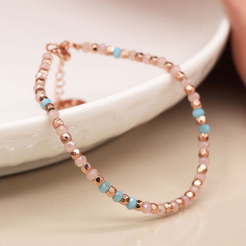 PINK/LILAC GLASS BEAD AND ROSE GOLD FACET BEAD BRACELET