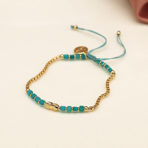 Golden Chain/Aqua Bead Adjustable Bracelet