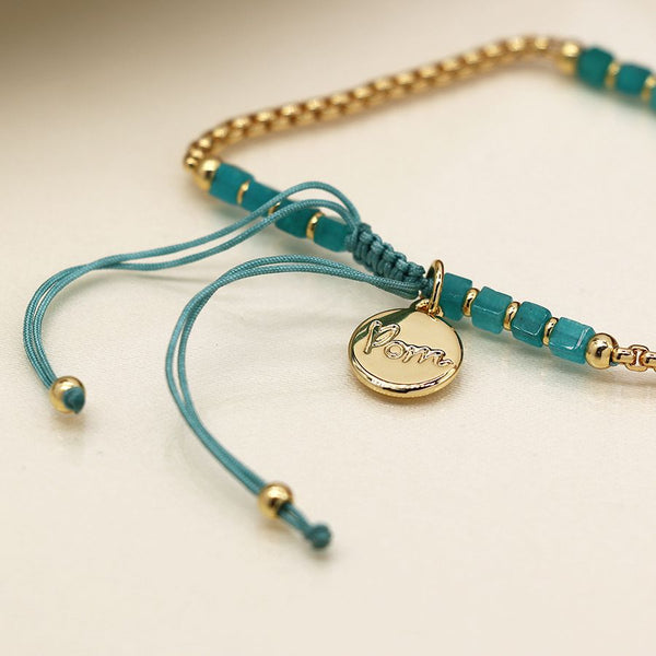 Golden Chain/Aqua Bead Adjustable Bracelet