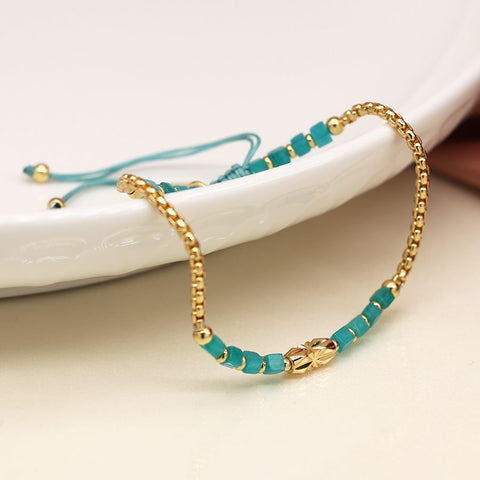 Golden Chain/Aqua Bead Adjustable Bracelet