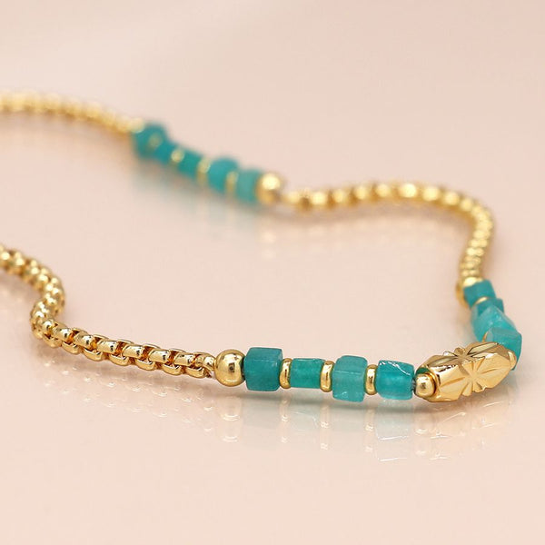 AQUA BEAD AND GOLD PLATED CHAIN STATION NECKLACE