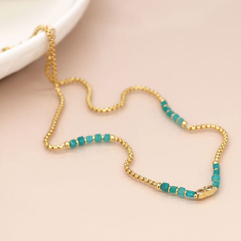 AQUA BEAD AND GOLD PLATED CHAIN STATION NECKLACE