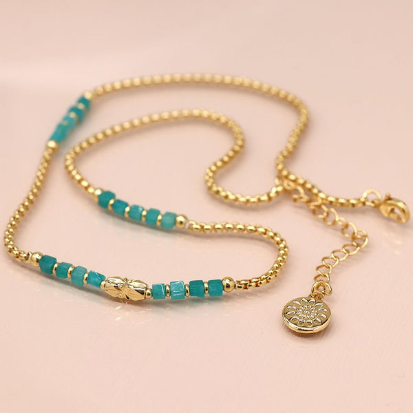 AQUA BEAD AND GOLD PLATED CHAIN STATION NECKLACE