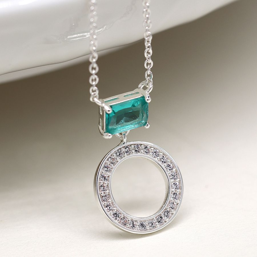 Silver Plated Crystal Circle and Aqua Crystal Necklace