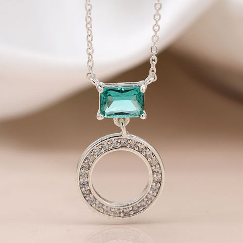 Silver Plated Crystal Circle and Aqua Crystal Necklace