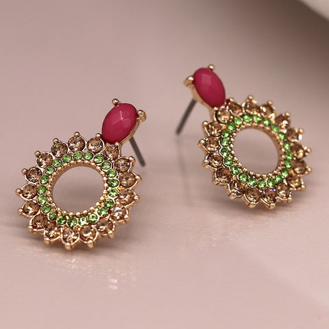 PINK & GREEN CRYSTAL MIX 'WREATH' STYLE EARRINGS
