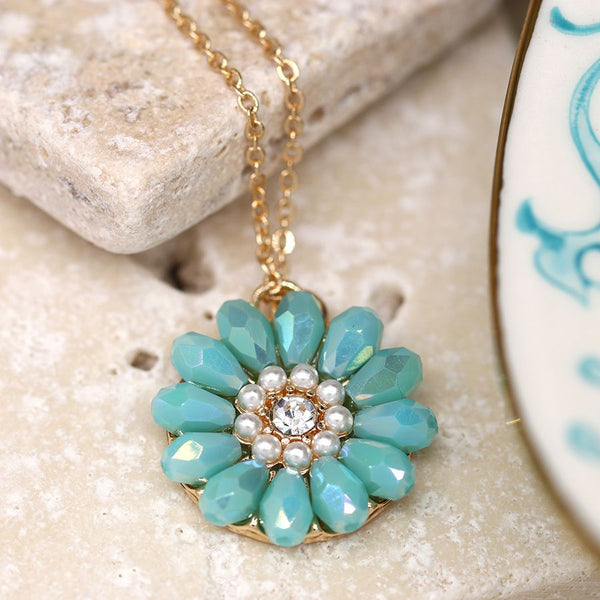 Aqua Bead Daisy Necklace with Pearls