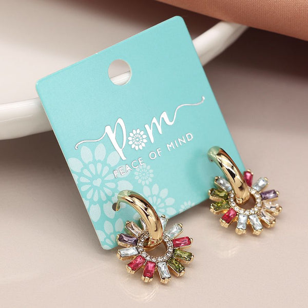 CRYSTAL FLOWER HOOP CHARMS GOLD SLEEPER EARRINGS