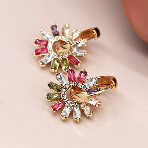 CRYSTAL FLOWER HOOP CHARMS GOLD SLEEPER EARRINGS