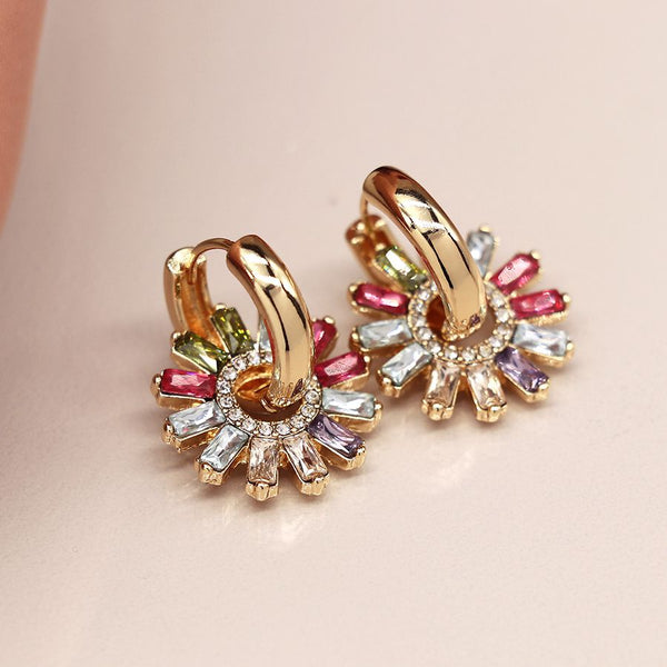 CRYSTAL FLOWER HOOP CHARMS GOLD SLEEPER EARRINGS