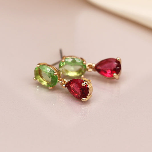 Bright Green & Cerise Crystal Double Drop Stud Earrings