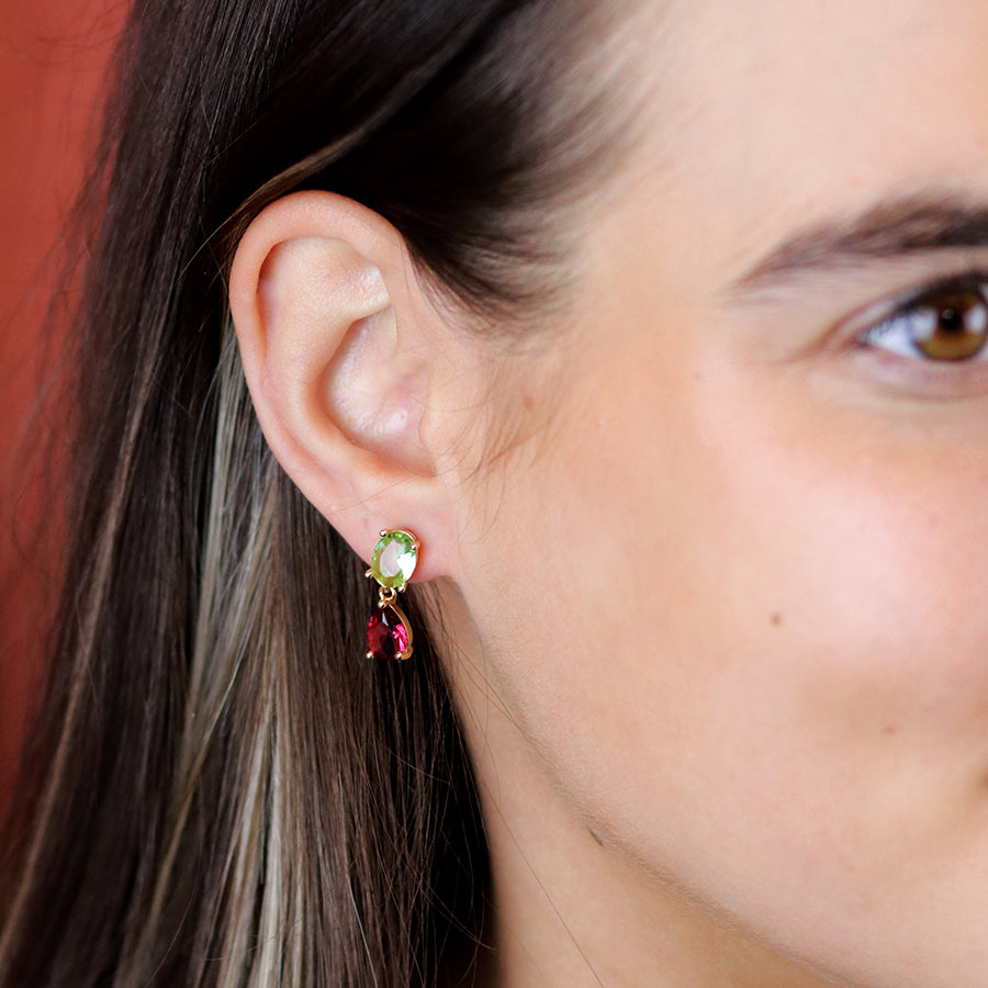 Bright Green & Cerise Crystal Double Drop Stud Earrings