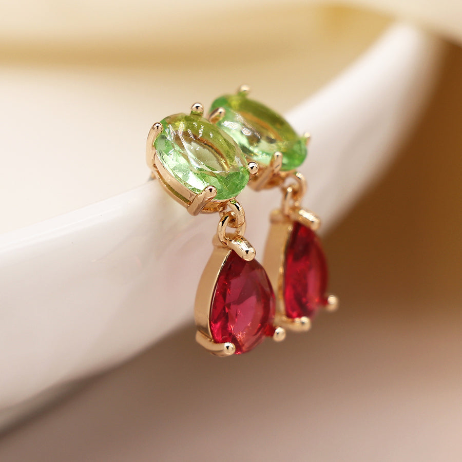 Bright Green & Cerise Crystal Double Drop Stud Earrings