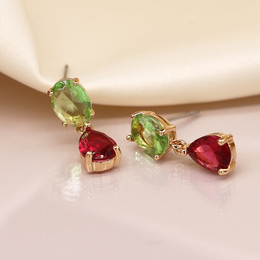 Bright Green & Cerise Crystal Double Drop Stud Earrings