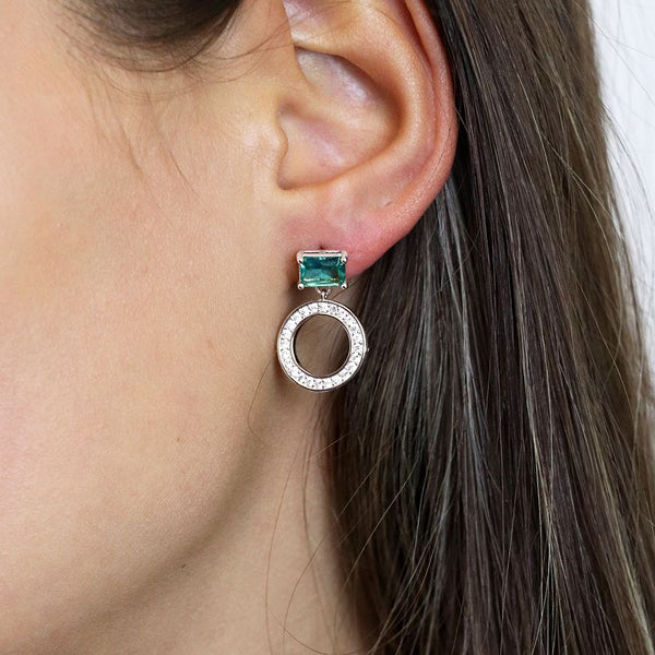 Silver Plated Crystal Circle and Aqua Crystal Earrings