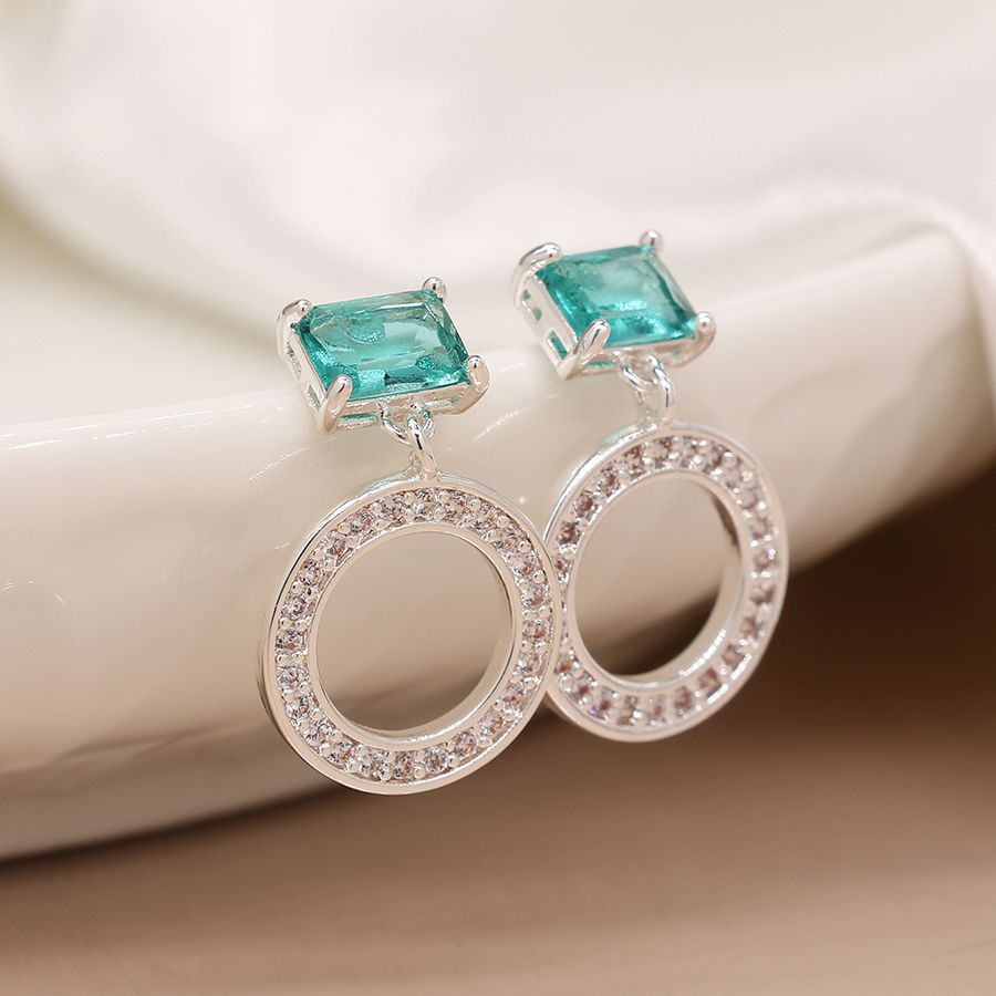 Silver Plated Crystal Circle and Aqua Crystal Earrings