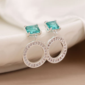 Silver Plated Crystal Circle and Aqua Crystal Earrings