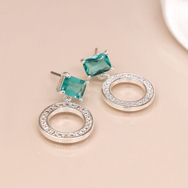 Silver Plated Crystal Circle and Aqua Crystal Earrings