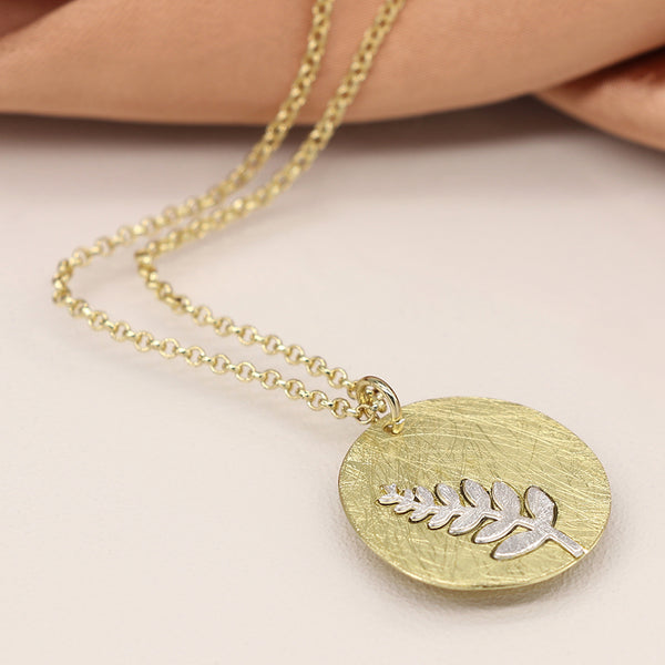 Faux Gold Scratched Disc Necklace With Fern Inlay