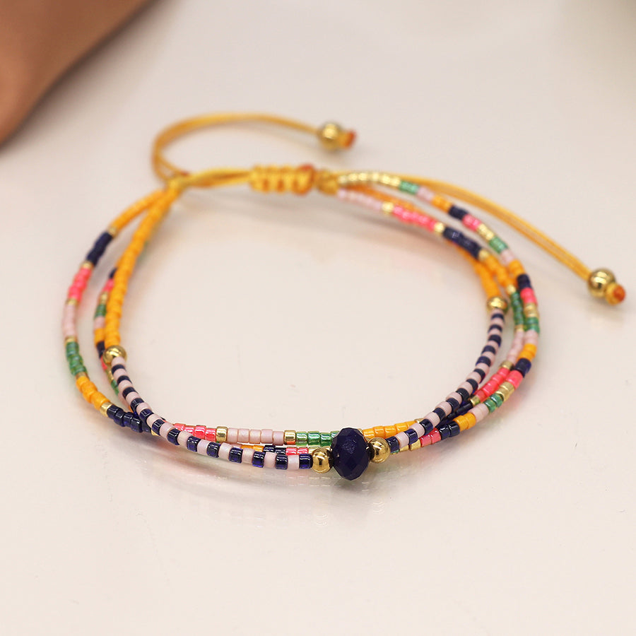 Yellow/Multi Mix Triple Strand Adjustable Boho Beaded Bracelet