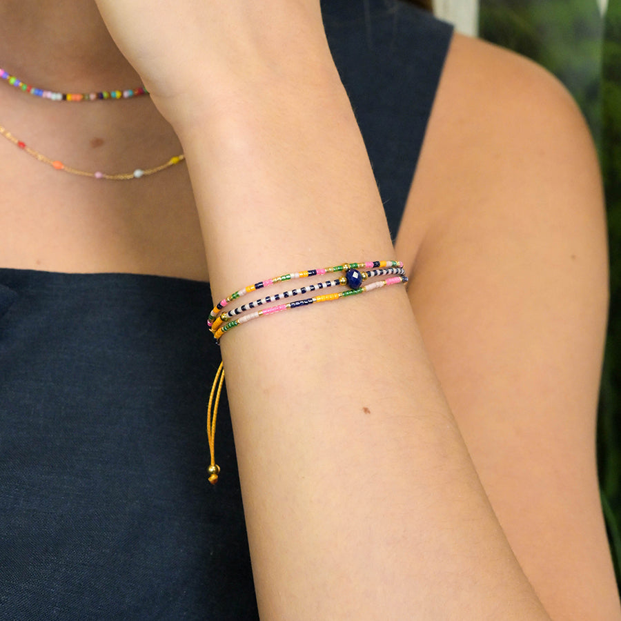 Yellow/Multi Mix Triple Strand Adjustable Boho Beaded Bracelet