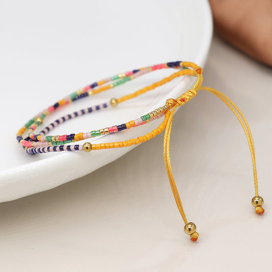 Yellow/Multi Mix Triple Strand Adjustable Boho Beaded Bracelet