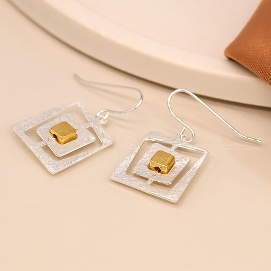 Brushed Gold and Silver Plated Irregular Nested Square Earrings