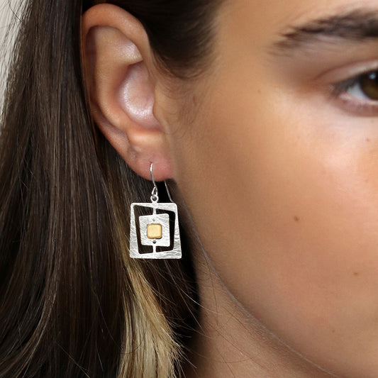 Brushed Gold and Silver Plated Irregular Nested Square Earrings