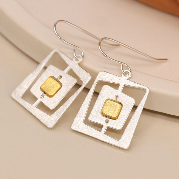 Brushed Gold and Silver Plated Irregular Nested Square Earrings