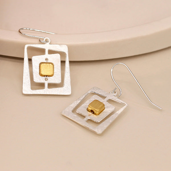 Brushed Gold and Silver Plated Irregular Nested Square Earrings