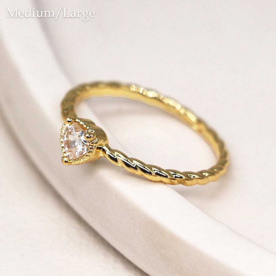 Gold Plated Twist Ring With Heart Shaped Crystal M/L
