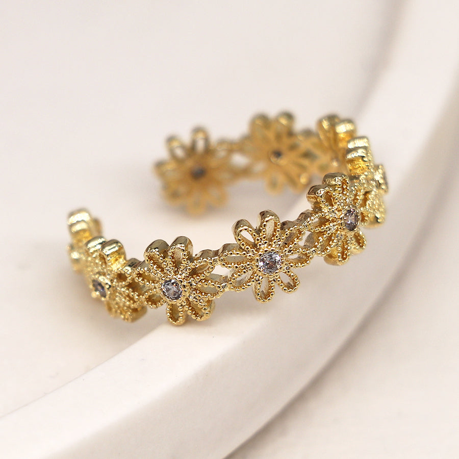 Crystal Flowers Gold Plated Ring M/L